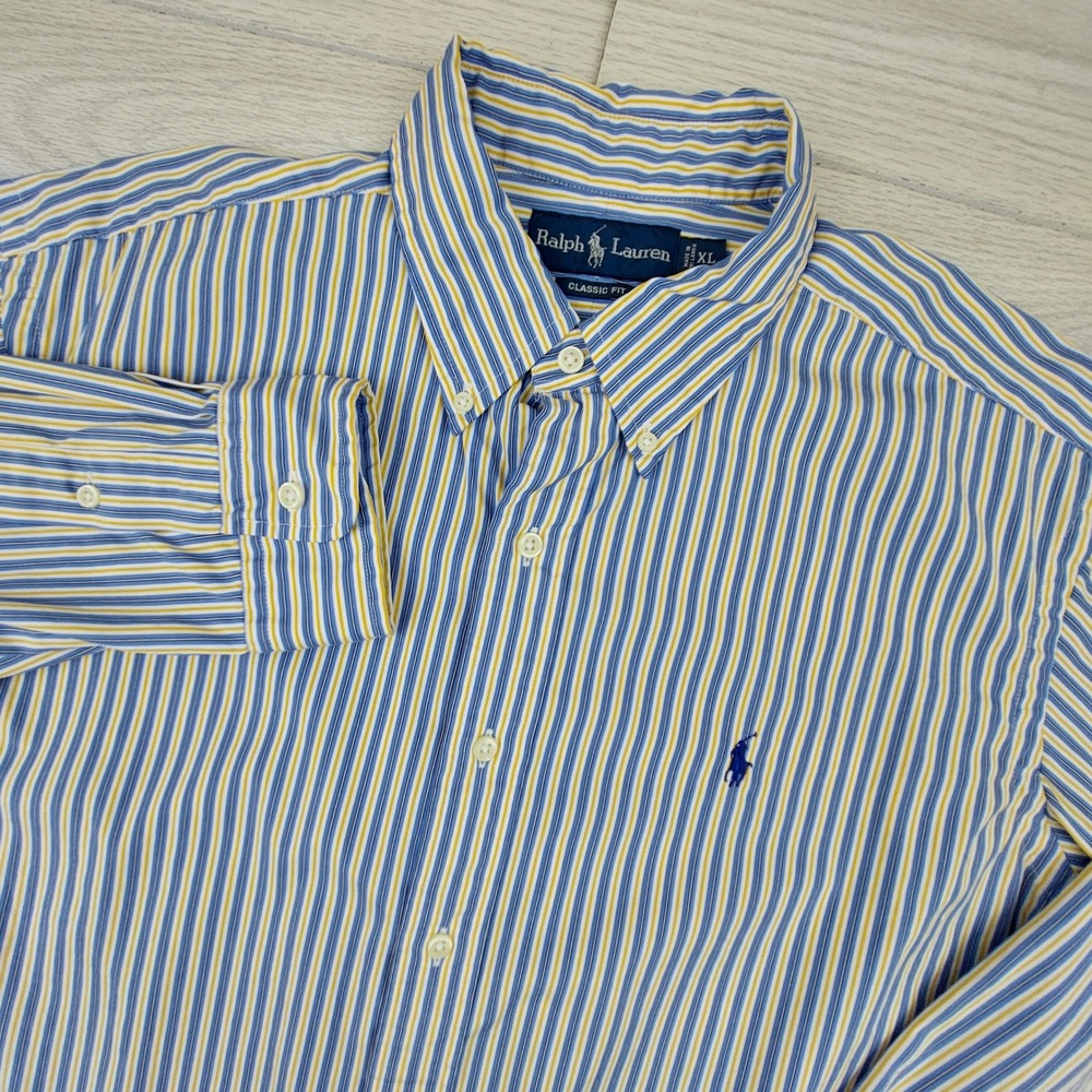 Ralph Lauren Button Down Shirt Mens XL Blue Yellow Striped Classic Fit Cotton